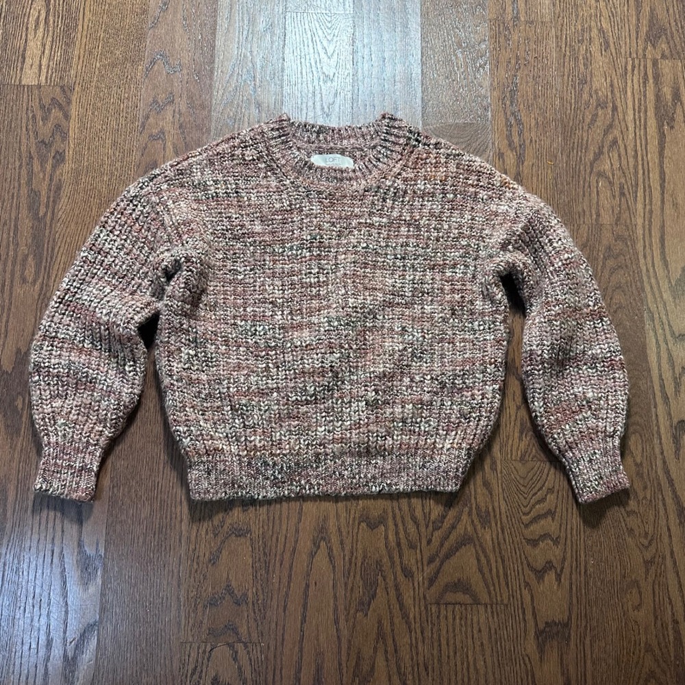 LOFT Italian Yarn Marled Knit Crew Neck Sweater Pink Multi FA24 763761 Medium